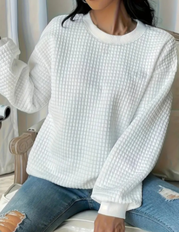 Trendy Women's Loose Waffle Round Neck Pullover Sweater