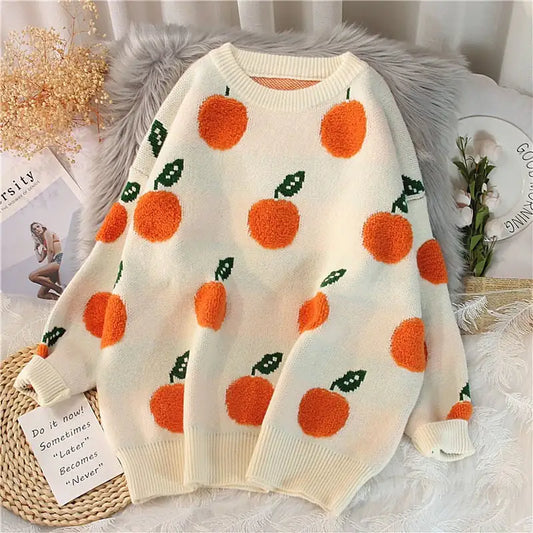 Fruit Jacquard Women's Round Neck Loose Pullover Sweater
