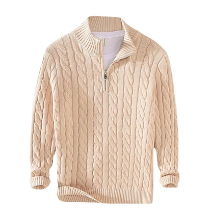 Men's Thick Knit Zipper Sweater with Half Turtleneck