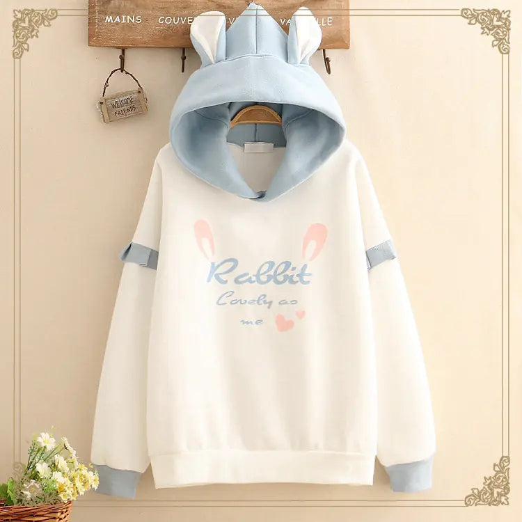 Lace Rabbit Print Hooded Fleece Sweater