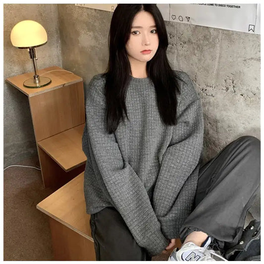 Trendy Women's Loose Waffle Round Neck Pullover Sweater