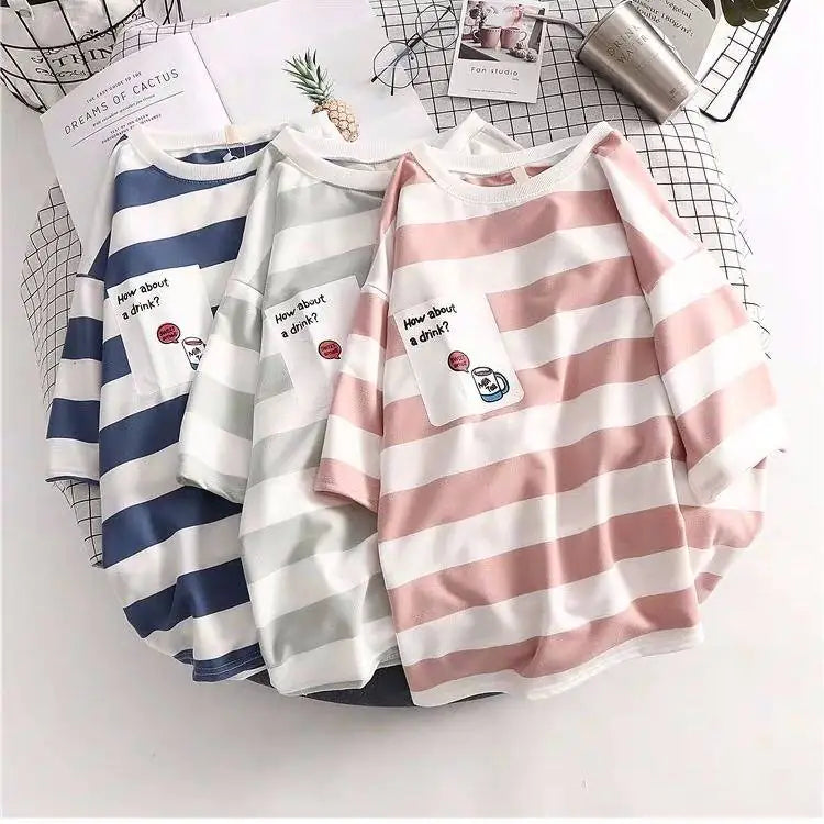 Summer Korean Style Loose Striped Short Sleeve T-Shirt