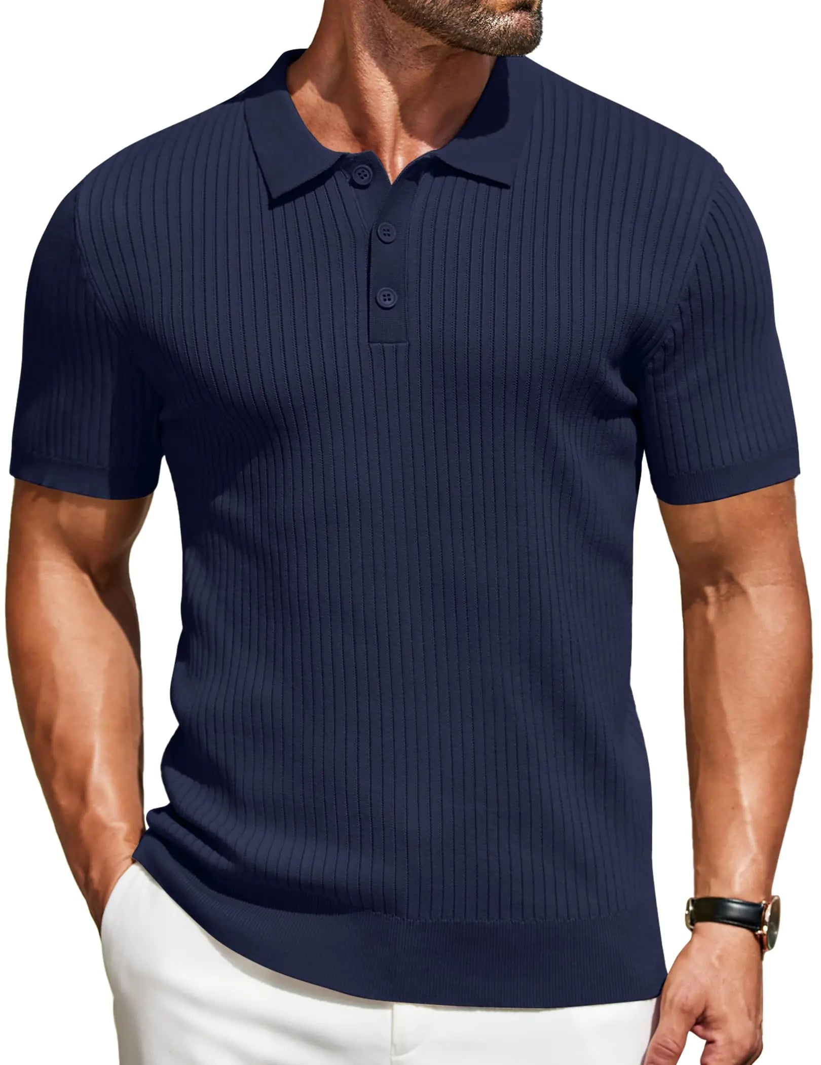 COOFANDY Slim Fit Polo Shirts for Men Mens Golf Polos Mens Classic Golf Shirt Knit Striped Texture Shirts Navy Blue