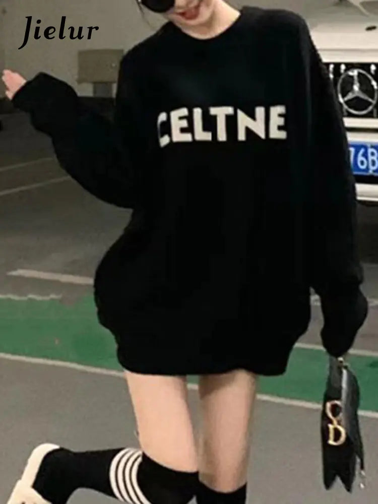 Jielur Vintage O-neck Letter Printed Hoodies for Women