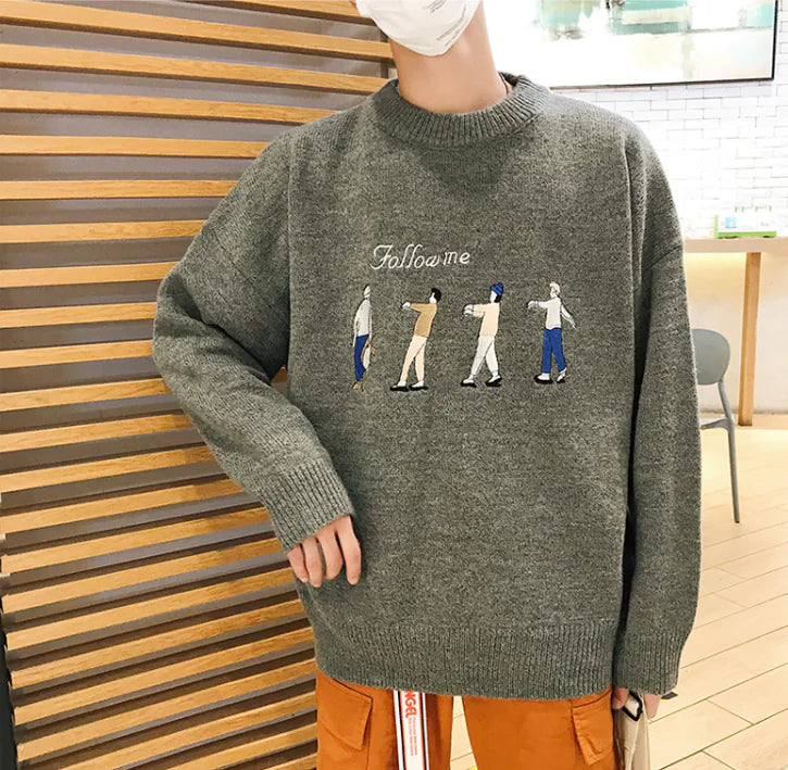 Cartoon Embroidered Sweater for Men - Loose Knit Design