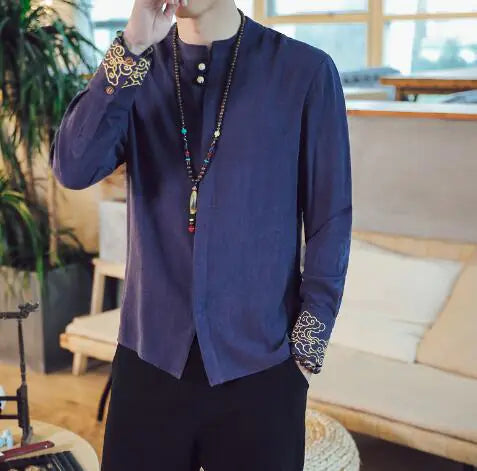 Men's Cotton Linen Embroidered Long Sleeve T-Shirt
