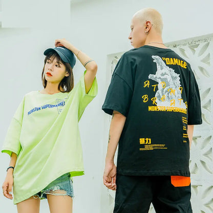 Men's Loose Fit Cotton T-Shirt with Godzilla Print