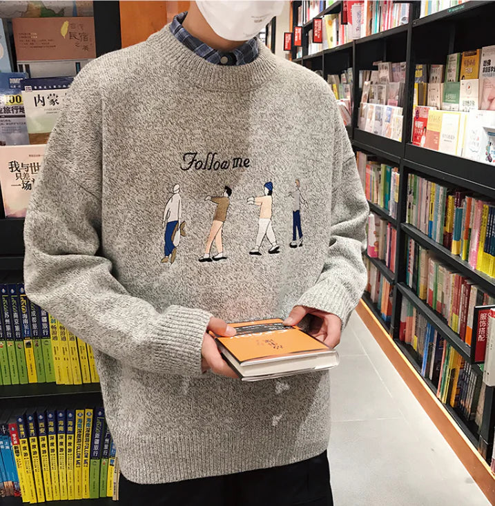 Cartoon Embroidered Sweater for Men - Loose Knit Design