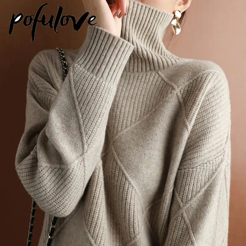 Wool High-Neck Thick Knitted Sweater for Women