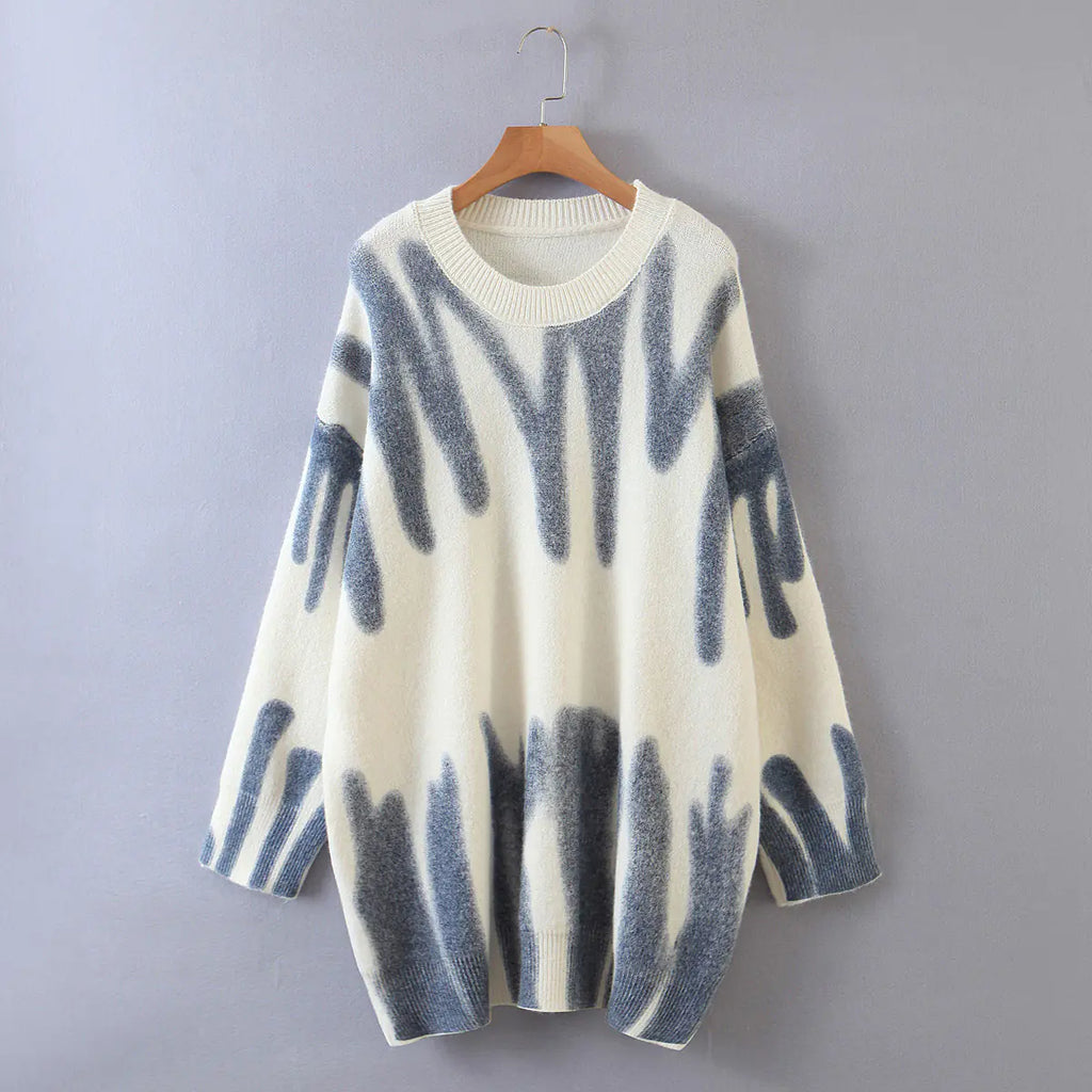 Loose Tie-Dye Knit Sweater with Round Neck for Fall